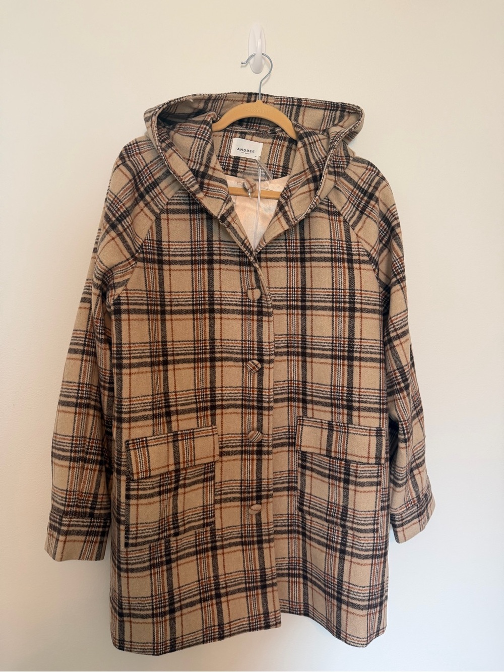 ANDREE BY UNIT Beige Plaid Hooded Coa NWT.